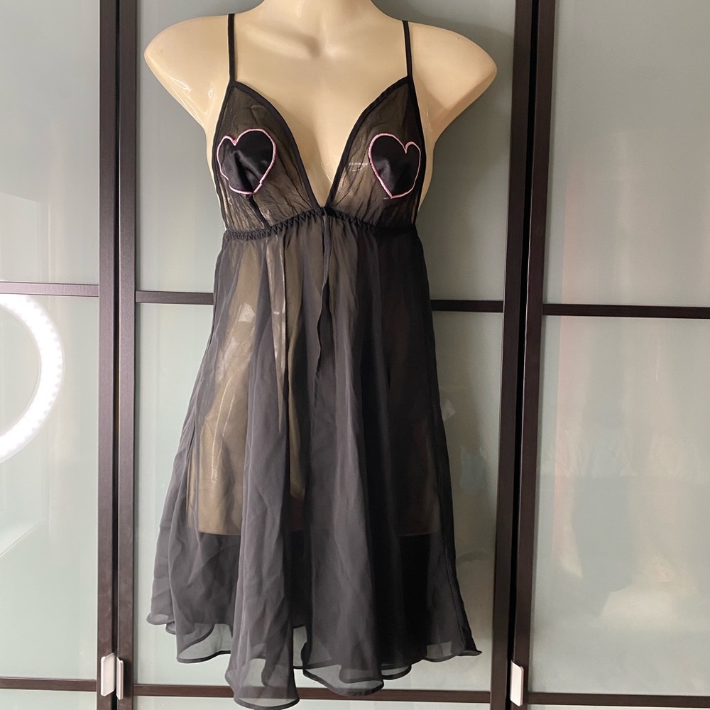 (2 for $25) lingerie black and pink heart babydoll